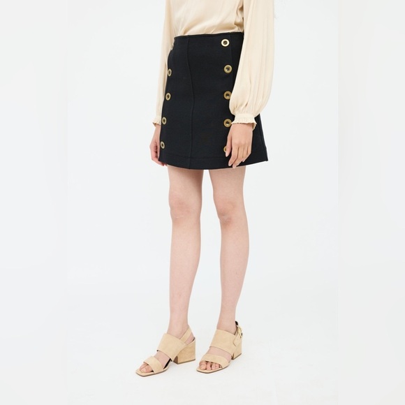 NWT Chloe Black Wool Knit Mini Skirt Gold Tone Button Detail FR 42 (US 10) - Picture 2 of 14